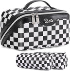 BOYATU Travel Makeup Bag Cosmetic Bags for Women: Large Make up Bags Set of 3 - Portable Makeup Organizer with Compartments&Handle&Divider - Waterproof PU Leather Toiletry Bag(A-5-Checkered Mix Black)