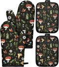 Miss Adola Cotton Oven Mitts and Pot Holders Sets - Quilted Lining Heat Resistant 4 Pieces Set with Hanging Loop Cute Farmhouse Boho Spring Kitchen Decor and Accessories, Black Mushroom