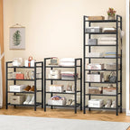 8 Tiers Narrow Shoe Rack 16-24 Pairs, Sturdy Metal Tall Shoe Rack with 4 Hooks, Slim Shoe Storage Organizer with Metal Shelf, Space Saving Vertical Shoe Shelf for Entryway, Closets, Black