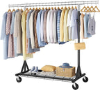 FAVOOSTY Heavy Duty Clothes Rack for Hanging Clothes, Rolling & Extending Clothing Rack with Wheels, Garment Coat Rack Freestanding, Portable Clothes Rack, Black