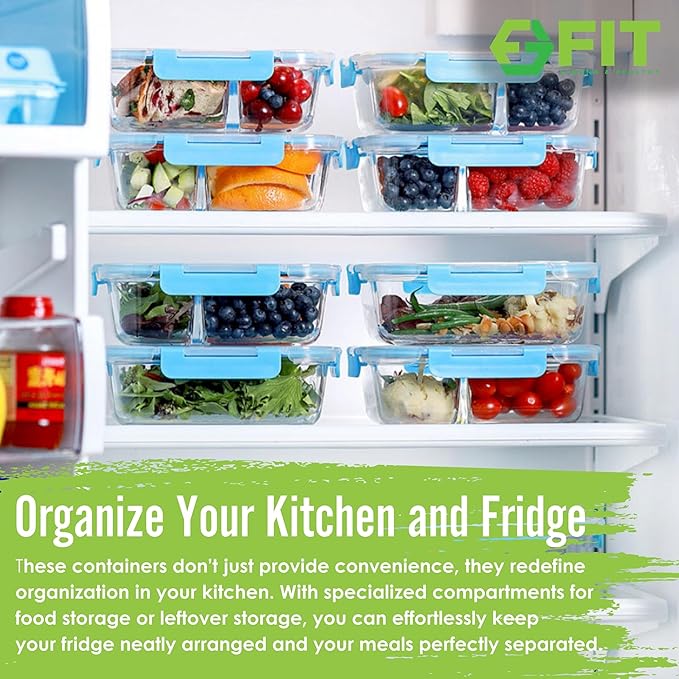 FIT Strong & Healthy Glass Meal Prep Containers with Lids, 1 & 2 & 3 Compartments – Portion Control Containers, Glass Lunch Box, Food Storage, Leak-Proof, Oven & Freezer Safe, 35 oz, Blue, 3 Pack
