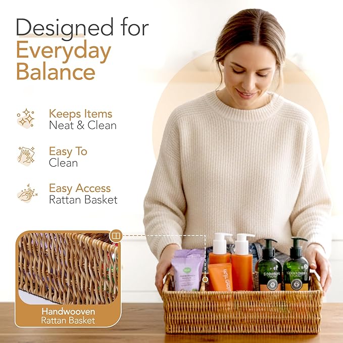 Nature-Inspired Rattan Pantry Organizer Baskets Set of 2 with 3 Removable Dividers – Handwoven Storage Bins for Kitchen or Bathroom Organization, Ideal for Snacks, Coffee & Tea (13” x 7.3” x 3.7”)