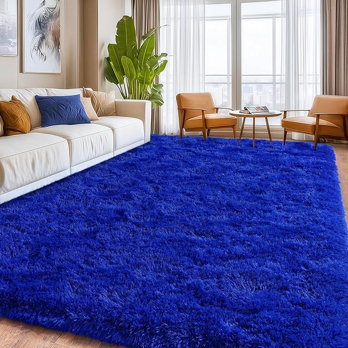 Large Fuzzy Rug 8x10 Feet Blue Fluffy Rug for Living Room, Big Plush Non-Skid Shag Carpet, Soft Shaggy Rugs for Bedroom Indoor Modern Home Decor