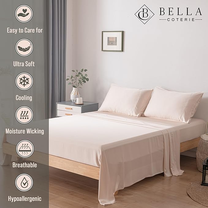 Bella Coterie Luxury Bamboo Viscose King Size Sheet Set | 100% Organically Grown | Ultra Soft | Cooling for Hot Sleepers | 18" Deep Pocket [Champagne]