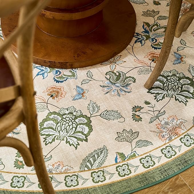 jinchan Elora 5ft Floral Round Rug for Entryway Washable Kitchen Rug Vintage Romance Design Non Slip Indoor Doormat Lightweight Low-Profile Throw Carpet for Living Room Dining Room, Green/Beige
