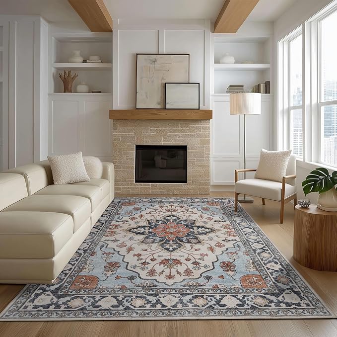 4x6 Washable Area Rug for Living Room, Carpet for Bedroom, Soft Faux Wool Retro Dining Room Rug, Non Slip&Non-Shedding Resistant Low Pile Vintage Print Rug for Home Office (Blue/Gray)