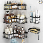 Liuoud Corner Shower Caddy 5 Pack, Rustproof Stainless Steel Shower Organizer with Soap Rack Toothbrush Holder, Large Capacity Adhesive No Drilling Bathroom Storage Decor Set, Black