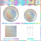 96 Pcs Iridescent Birthday Tableware Set Iridescent Party Supplies Decorations Holographic Foil Paper Plates and Napkins for Bachelorette Wedding Y2K Disco 24 Guest Birthday Party Favor