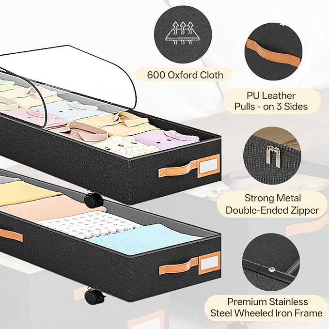 Under Bed Storage with Wheels 39inch, Extra Long Under Bed Storage Bins, Low Profile Under Bed Storage 5.5inch Height No Assemble Storage Containers, Under Bed Shoe Storage with Lids
