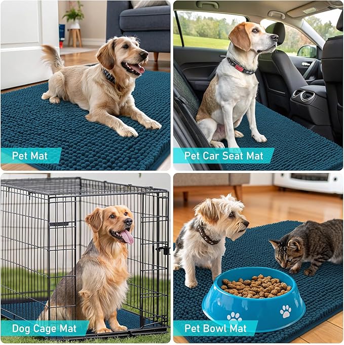OLANLY Dog Door Mat for Muddy Paws 54x32, Absorbs Moisture and Dirt, Absorbent Non-Slip Washable Doormat, Quick Dry Chenille Mud Mat, Entry Indoor Entryway Carpet for Inside Floor, Atlantic Blue