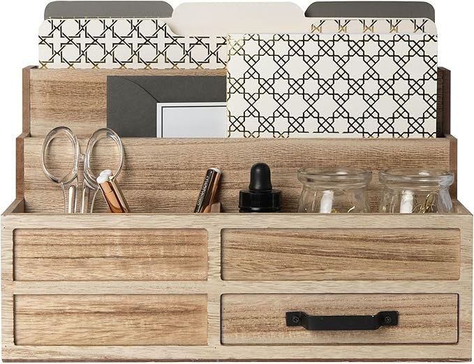 BLU MONACO | Natural Wood Mail Organizer with Drawer & Pen Holder | Rustic Desk Organizer for Bills, Letters & Countertop Storage | Wooden Desktop Mail Sorter for Home & Kitchen