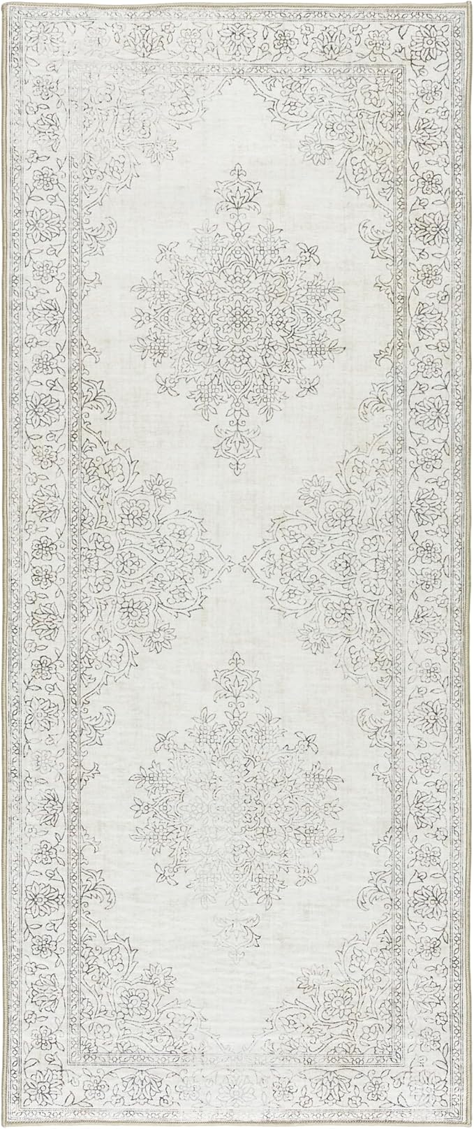 ReaLife Rugs Machine Washable Area Rug Runner - Living Room Bedroom Bathroom Kitchen Entryway Office - Padded Low Pile Stain Resistant Premium - Boho Farmhouse Vintage - Paige - Ivory 2'6" x 6'