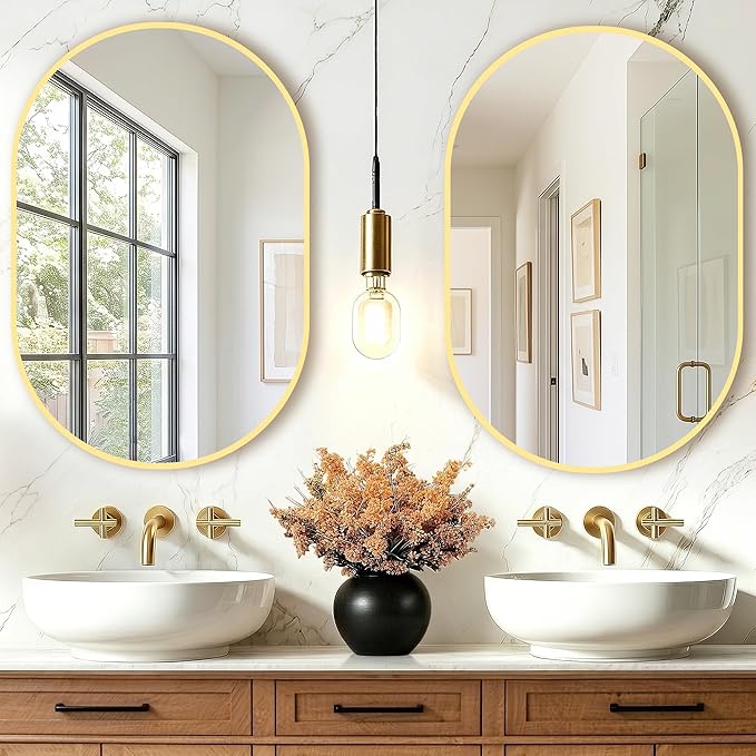 TRAHOME Oval Bathroom Mirror, 2 Pack 20"x30" Gold Vanity Mirror for Over Sink, Bedroom, Living Room, Entryway, Modern Mounted Metal Frame Wall Mirror