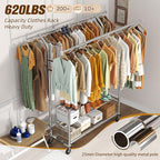 Simple Trending Heavy Duty Clothing Clothes Rack for Hanging, Rolling Double Rod Garment Rack Organizer with Wheels Load 620 LBS, Chrome