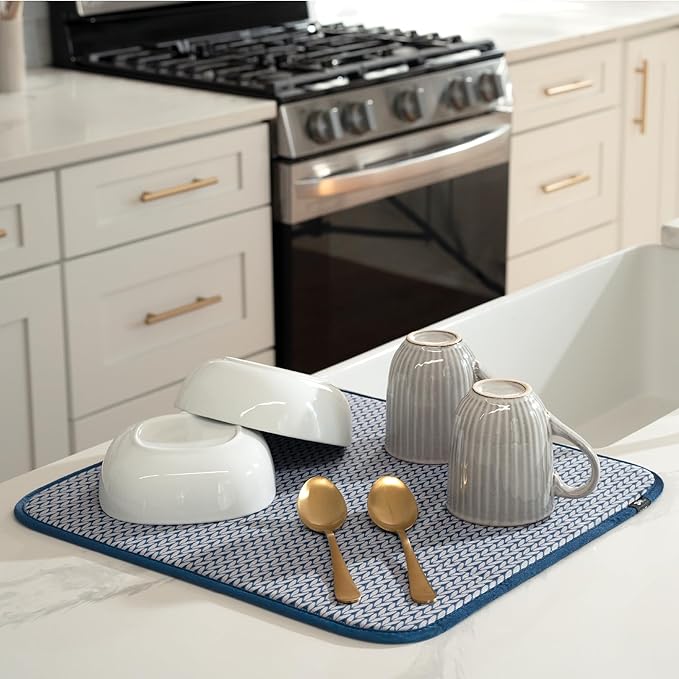 S&T INC. Dish Drying Mat, 16” x 18”, Absorbent Microfiber Kitchen Counter Mat, Dish Drying Pad for Dishes, Utensils, Pots and Pans, Large, Blue Stockinette