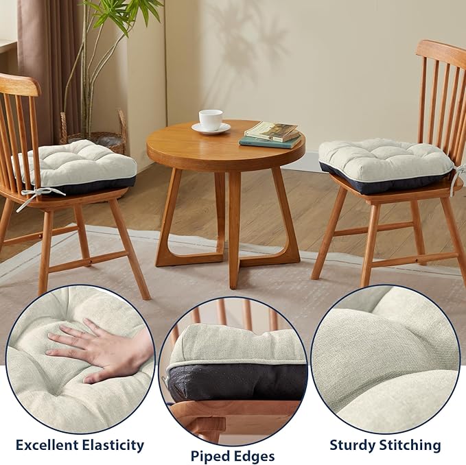 Chair Cushions for Dining Chairs, Seat Cushions for Kitchen Chairs, Indoor Seat Cushions with Ties, Tufted Foam Chair Pads, Non Slip Chair Cushions Set of 6, 15.5" x 15.5" x 4", Beige