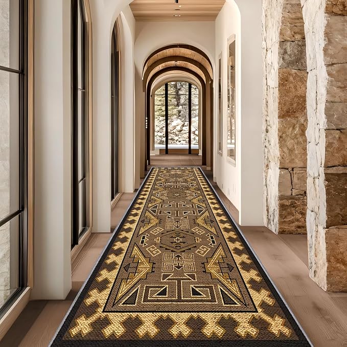 Brown Geometric Runner Rug, 1.3x7ft Hallway Runner Washable Rug, Corridor & Foyer High-Traffic Rugs, Indoor Durable Non-Slip Mat, Vintage Southwestern Decorative Home Carpet