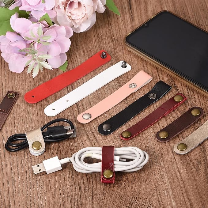 MECCANIXITY Pack of 5 Leather Cable Straps Cord Organizer 63x16mm Portable Cable Leather Clips Light Brown Earphone Cord Management for Cable, Wire