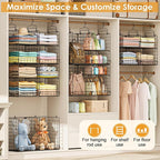 Hanging Closet Organizer with DIY Spacing, Double-Row Closet Hanging Shelves with 4 Adjustable Dividers & 6 Hooks, Heavy Duty Metal Closet Storage Organizer with Front Guard, Split into 2 Units