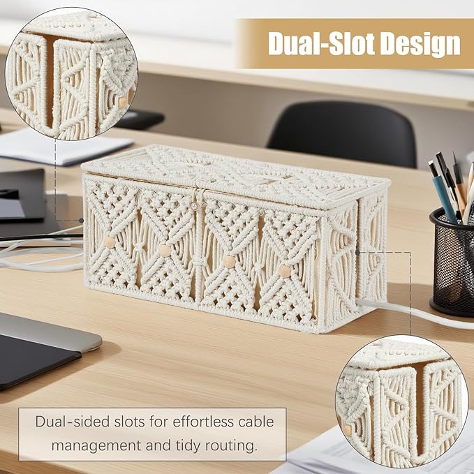 2PCS Cable Management Boxes Handmade Macrame Cord Storage Organizer Power Strips Outlet Router TV Wire Hider Cover Under Desk Natural Cotton Rope Woven Box with Lid (1 Large 1 Medium)