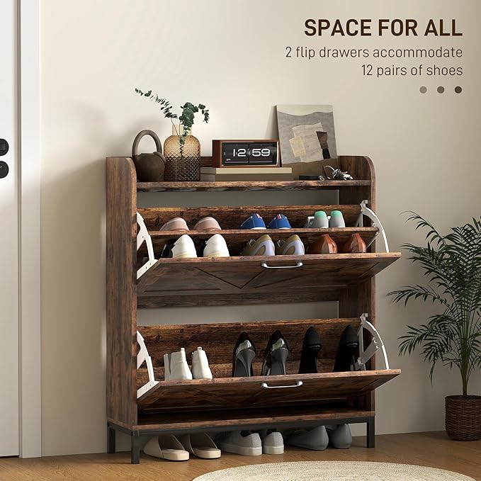 HOMCOM Shoe Storage Cabinet with 2 Flip Drawers, Legs, Farmhouse Freestanding Narrow Shoe Cabinet, Slim Hidden Rack Organizer for Entryway, Hallway, Rustic Brown Wood Grain