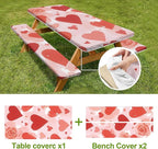 Hearts Picnic Table Cover with Bench Covers Set of 3-Pink Background with Roses,Elastic Fitted Tablecloth for 6 Ft Tables, Washable Polyester Cover for Valentines Day Camping, Indoor & Outdoor