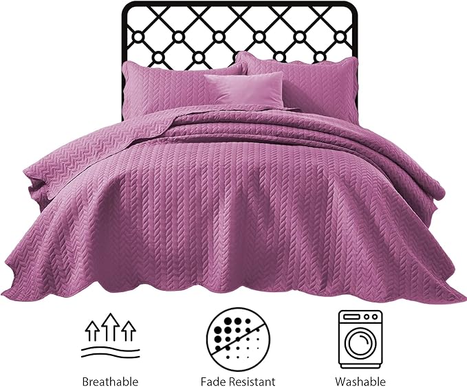 IR Imperial Rooms King Quilt Bedding Set Size (106" x 96") + 2 Pillow Shams (20" x 36"+ 2") - 3 Pcs All Season Lightweight Reversible Microfiber Coverlet Embossed Quilt Bedspread (Purple)