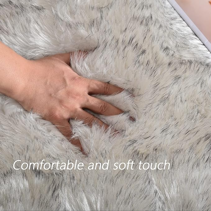 Latepis White with Grey Tips 2x10 Runner Rug for Hallway Faux Fur Rug Fluffy Washable Rugs Furry Shag Rug for Living Room Hallway Rectangle