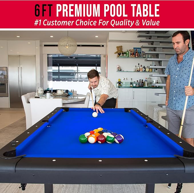 GoSports 6, 7, or 8 ft Billiards Tables - No Assembly, Choose Your Color - Portable Pool Table Includes Full Set of Balls, 2 Cue Sticks, Chalk and Felt Brush