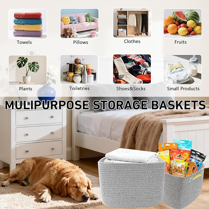 3 Pack Woven Rope Storage Baskets for Organizing,13.5"×11"×9.5"Storage Bins for Shelves,Perfect for Toys,Books,Towels,Clothes,Empty Gift Baskets for Nursery,Living Room&Bedroom(Mix Grey)