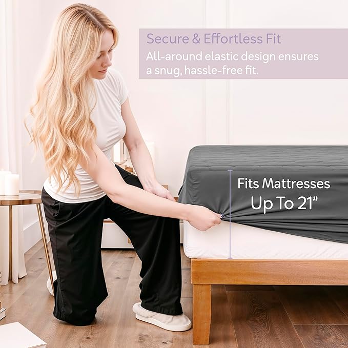Hearth & Harbor Twin XL Size Quilted Fitted Mattress Pad Cover, 100% Waterproof Mattress Protectors, College Dorm Room Essentials, Deep Pocket Fitted Mattress Cover 8" - 21", Gray