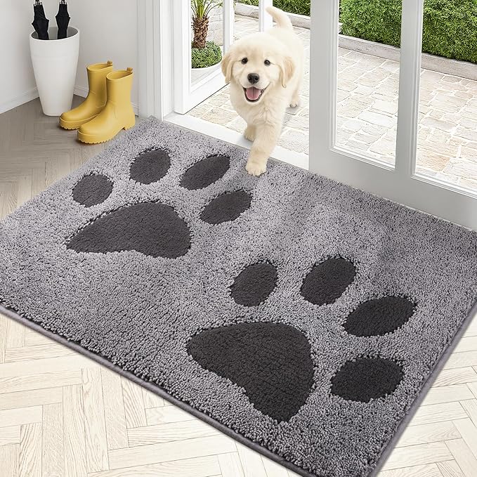 PURRUGS Dirt Trapping Door Mat 32" x 47", Non-Skid/Slip Machine Washable Microfiber Entryway Rug, Dog Doormat, Super Absorbent Welcome Mat for Muddy Wet Shoes and Paws, Grey
