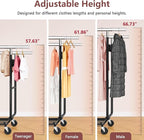 Hoctieon 2-Minute Assembly Double Rod Clothes Rack, Heavy Duty Rolling Clothing Racks with Wheels, Foldable Commercial Garment Rack, Extendable Hanging Bar, Adjustable Metal Pole with Hooks, Black