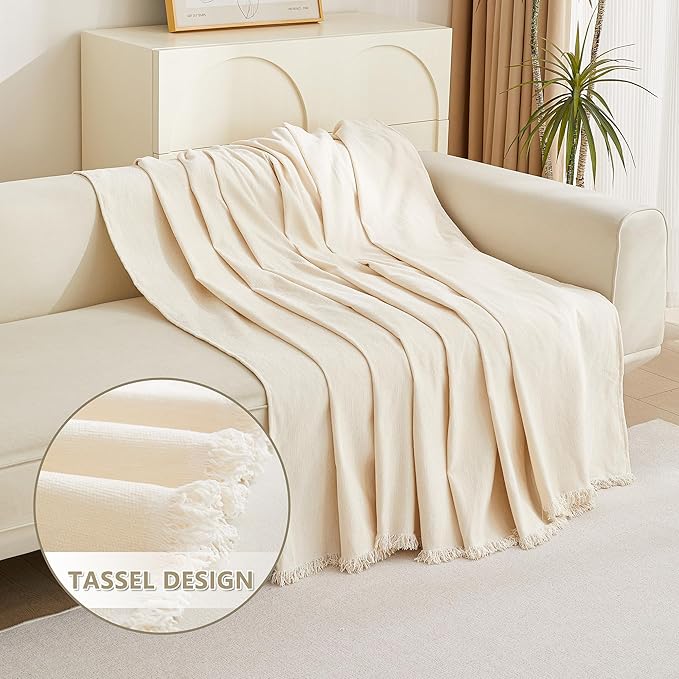MYSKY HOME Loveseat Cover Beige Couch Cover Sectional Couch Covers for 2 Cushion Couch Sofa Thick Universal Chenille Sofa Cover with Tassel Durable Furniture Protector for Dogs 91" x 118"