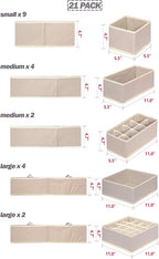 TENABORT 21 Pack Foldable Drawer Organizer Dividers Cloth Storage Box Closet Dresser Organizer Cube Fabric Containers Basket Bins for Underwear Bras Socks Panties Lingeries Nursery Baby Clothes Beige
