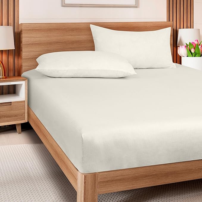 ROYALE LINENS 300 Thread Count 100% Long Staple Combed Cotton Fitted Sheet King - Super Soft Deep Pocket Bottom Sheet - Fitted Sheets Only - Elastic Sheets (King, Cream)