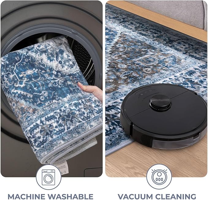 KOZYFLY Runners for Hallways 2.6x8 Ft Washable Kitchen Runner Rug Boho Runner Rug for Entryway Indoor Blue Printed Oriental Faux Wool Floor Carpet Runner for Bedroom Kitchen Hall