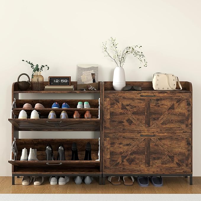 HOMCOM Shoe Storage Cabinet with 2 Flip Drawers, Legs, Farmhouse Freestanding Narrow Shoe Cabinet, Slim Hidden Rack Organizer for Entryway, Hallway, Rustic Brown Wood Grain