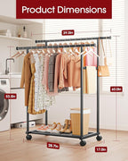 Sakugi Double Rods Clothes Rack - Metal Clothing Rack with Fixed Double Rods, Rolling Wheels & Built-In Shelf for Closet, Bedroom, Laundry Storage (39" x 17" x 60", Black)