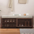LUMISOL Shoe Bench with Storage and Cushion, Farmhouse Distressed Shutter Storage Bench with Retro Charm for Living Room, Entryway, Espresso