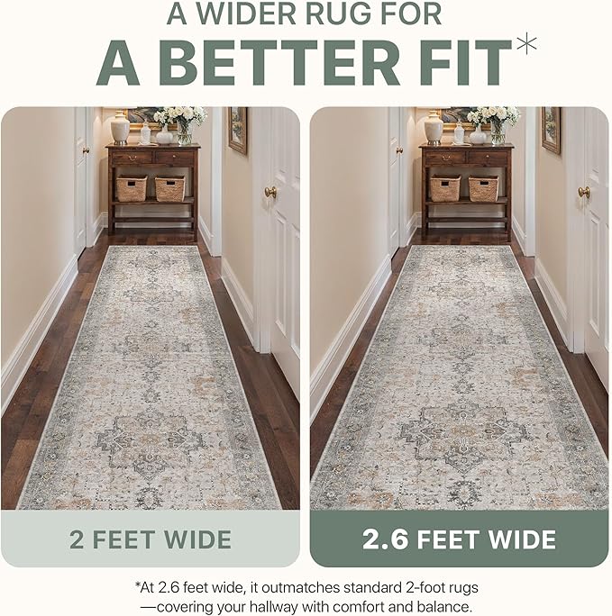 2'6''x14 Runner Rugs for Hallway, Machine Washable Non Slip Vintage Rugs, Low Pile Soft Print Rug for enrtyway, Corridor, Home Office,Light Taupe Brown