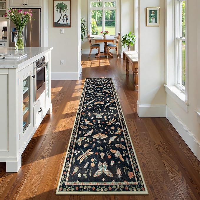 Lahome Insect Hallway Runner Rug, 2'5''x8' Ultra-Thin Washable Runners for Hallways Kitchen, Soft Laundry Room Rug Non-Slip Long Carpet for Entryway Bedroom Bathroom, Black