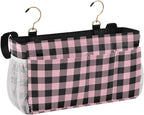 Buffalo Plaid Check Pink Print Bedside Caddy Storage Bag Bedside Organizer for Bunk Bed Headboards College Organizer Caddy Hanging Shelf 6 Pockets with Hooks for Drinks Magazine Phone Holder