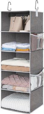 StorageWorks Hanging Closet Organizer, 5-Shelf Hanging Shelves with 2 Hooks, Foldable Space-Saving Design, Closet Organizers and Storage for Bedroom, Dorm, Locker, Gray
