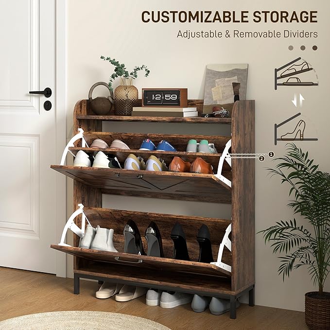 HOMCOM Shoe Storage Cabinet with 2 Flip Drawers, Legs, Farmhouse Freestanding Narrow Shoe Cabinet, Slim Hidden Rack Organizer for Entryway, Hallway, Rustic Brown Wood Grain