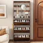 Shoe Cabinet for Entryway with 3 Flip Drawers, Brown Tall Wood Shoe Storage Cabinet with Coat Rack, Narrow Hidden Slim Freestanding Shoe Rack Organizer, 2 in 1 Hall Tree for Living Room, Hallway