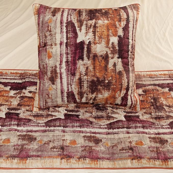 The HomeCentric King Queen Twin Pink & Orange Designer King 90"x18" Bed Runner with Pillow Cover, Ikat & Quilted Bed Scarf on Cotton Printed Fabric - Ikat Splash