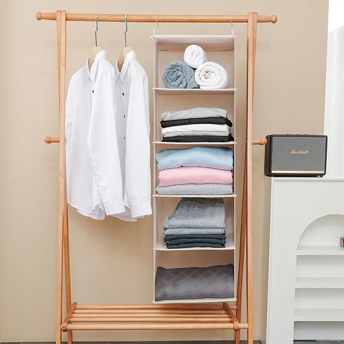 Large Hanging Sweater Organizer for Closet,Collapsible 6-Shelf Hanging Closet Shelves with Drawers, Washable (Beige -5 Shelf)