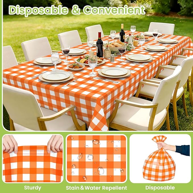 Mulbozy Orange Gingham Tablecloth 4 Pack, 54 x 108 Inch Plastic Table Cloth Disposable, Orange and White Checkered Table Cover for Party Supplies