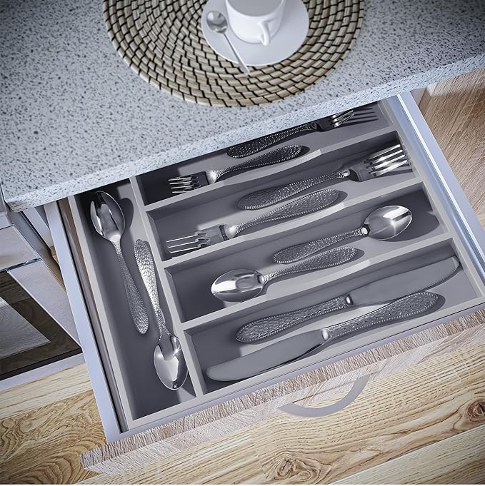 Greenual Gray Silverware Organizer 10 In Utensil Organizer Silverware Tray for Drawer Cutlery Flatware Organizer for Kitchen Bamboo Wood